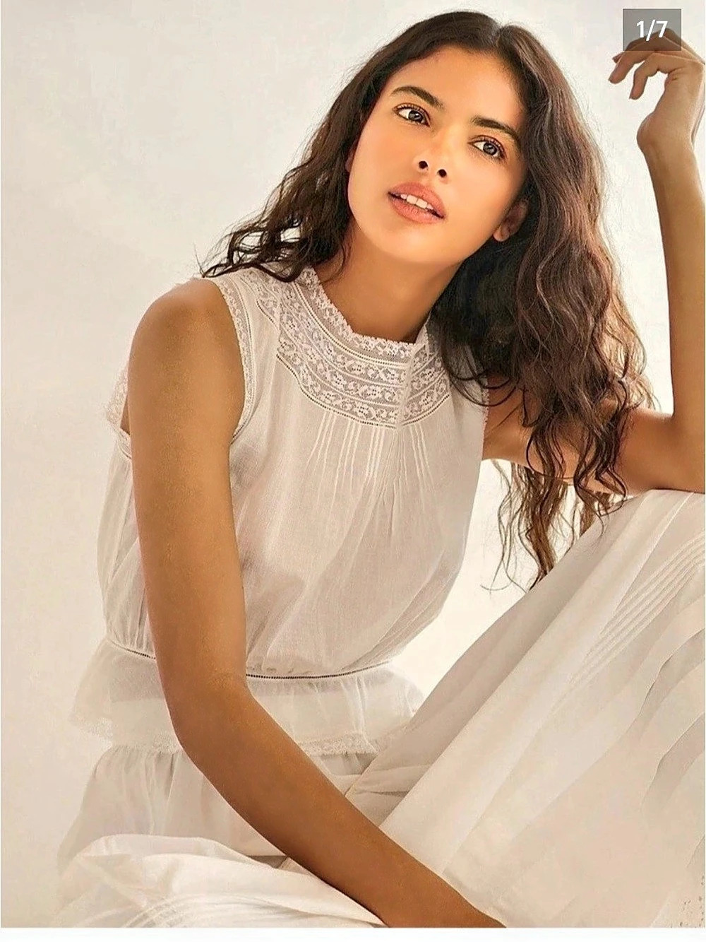 DOEN Lilibet Lace Trim Pintucked Organic Cotton Voile Top Sz L